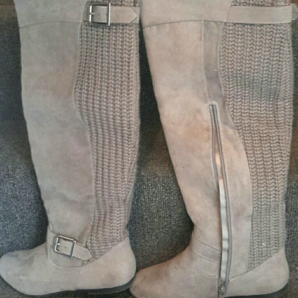 Over-the-knee brushed leather flat bottomed boots